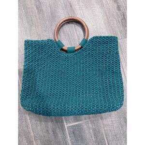 Macrame Satchel Tote Summer‎ Bag Dark Green Wood Handle